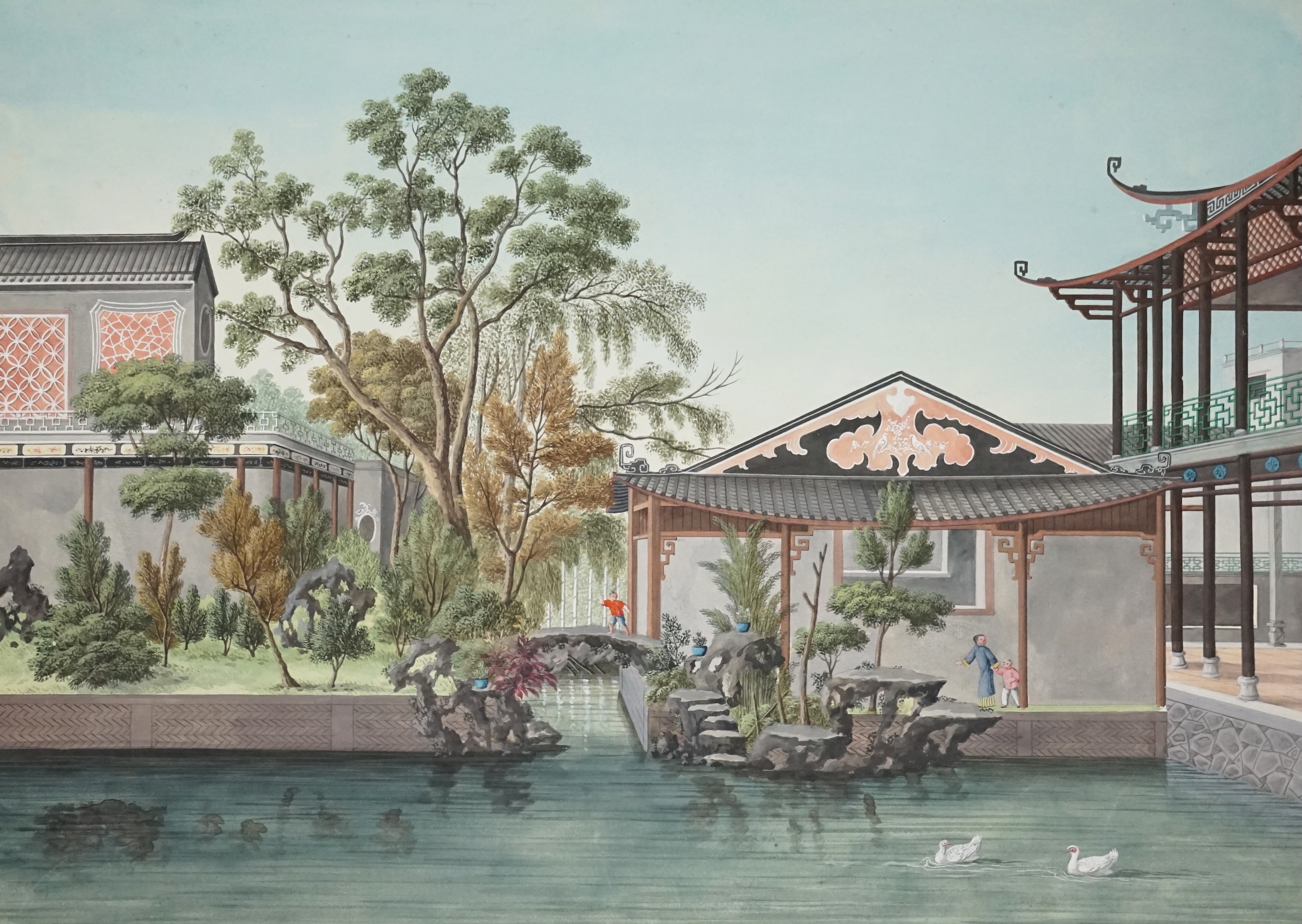 Circle of Tingqua, Guangzhou School, c.1820, watercolour on paper, palace garden scene